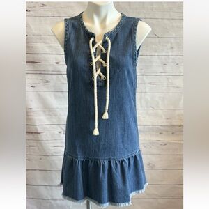 Aria Blue Denim Nautical Dress SMALL Sleeveless Knee Length Boat Robe Tie NWOT